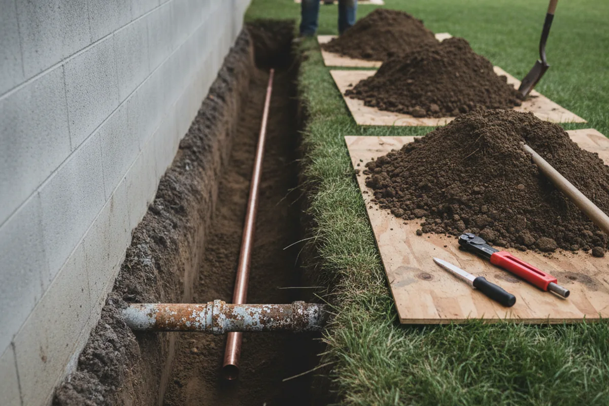 Excavated water line trench during Sewer Line Repair in South Thomaston